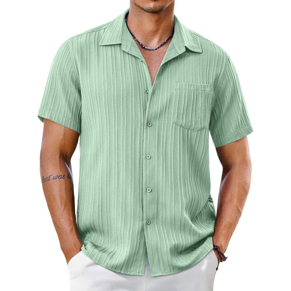 imageCOOFANDY Mens Short Sleeve Casual Button Down Shirts Textured Summer Beach Shirt with PocketLight Green