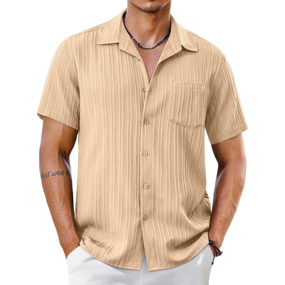 imageCOOFANDY Mens Short Sleeve Casual Button Down Shirts Textured Summer Beach Shirt with PocketLight Khaki