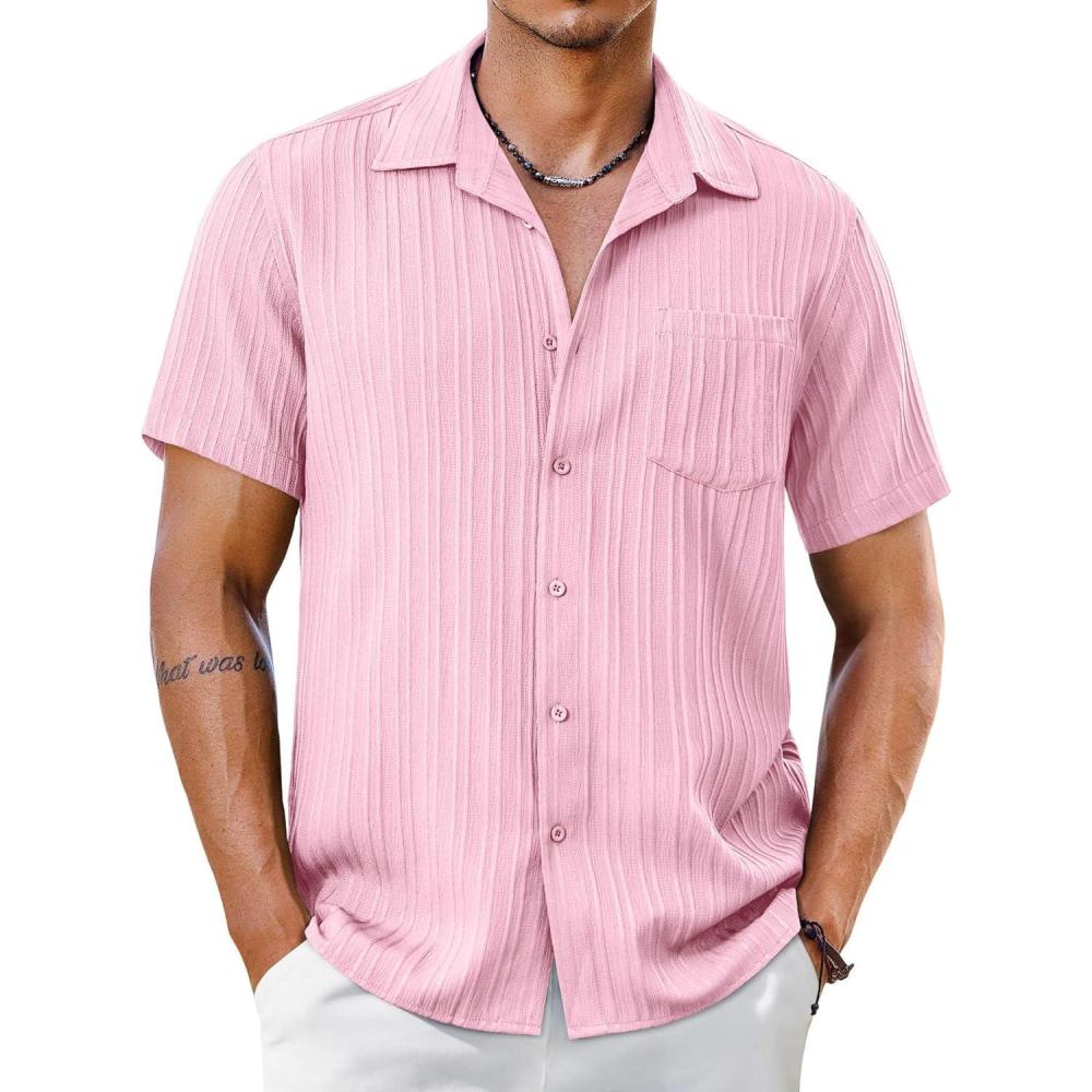 imageCOOFANDY Mens Short Sleeve Casual Button Down Shirts Textured Summer Beach Shirt with PocketLight Pink
