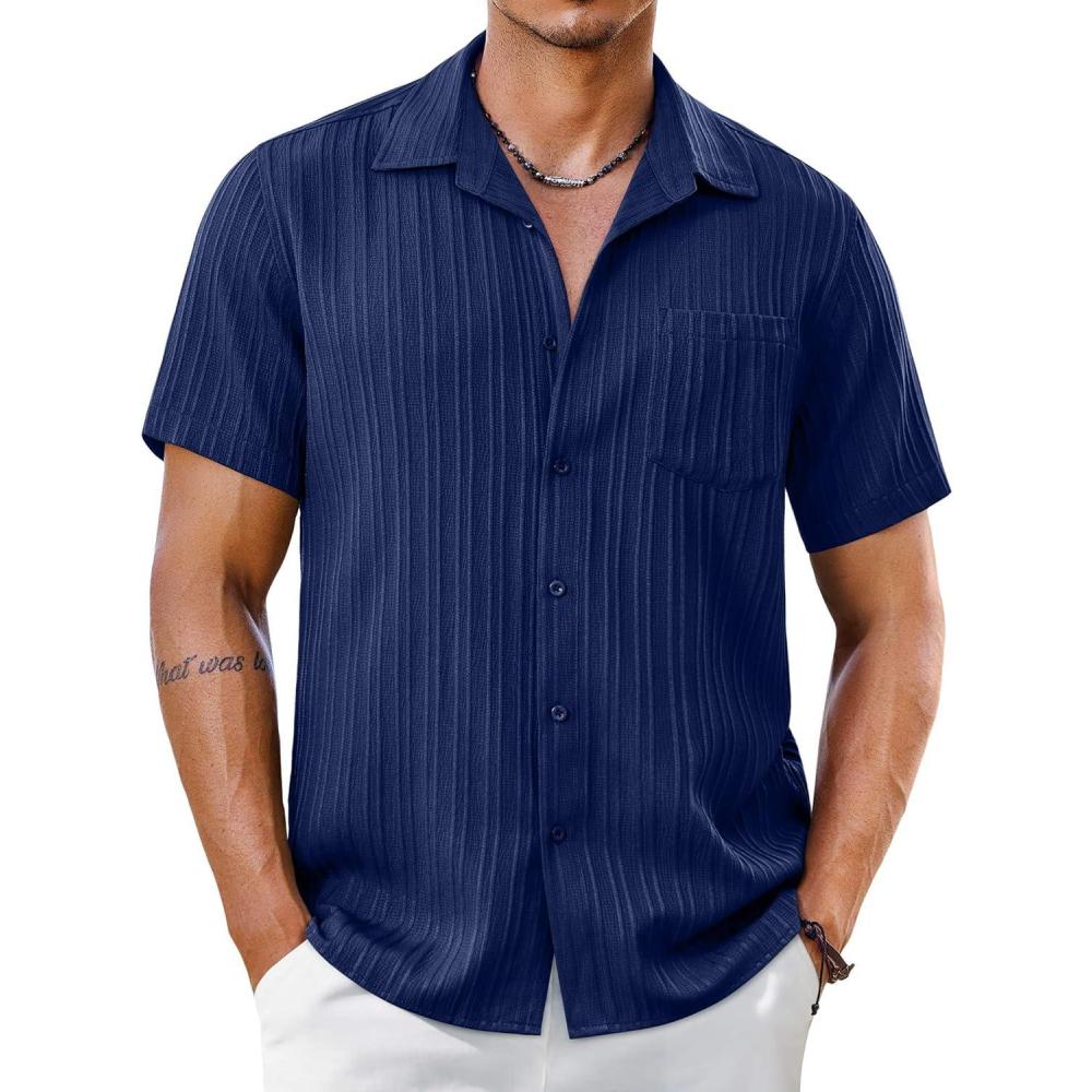 imageCOOFANDY Mens Short Sleeve Casual Button Down Shirts Textured Summer Beach Shirt with PocketNavy Blue