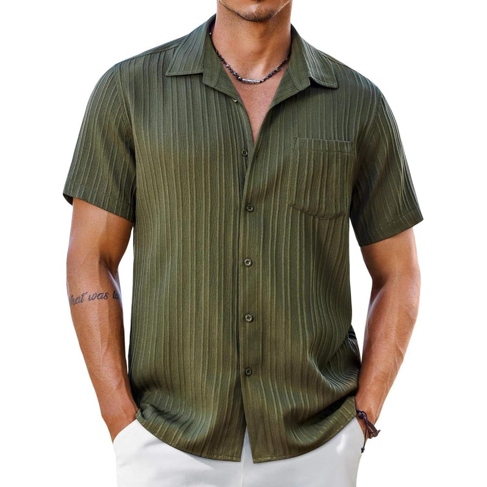 imageCOOFANDY Mens Short Sleeve Casual Button Down Shirts Textured Summer Beach Shirt with PocketOlive Green
