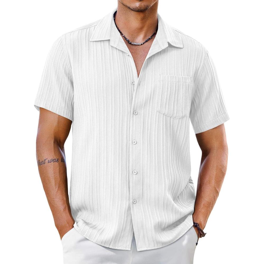 imageCOOFANDY Mens Short Sleeve Casual Button Down Shirts Textured Summer Beach Shirt with PocketWhite