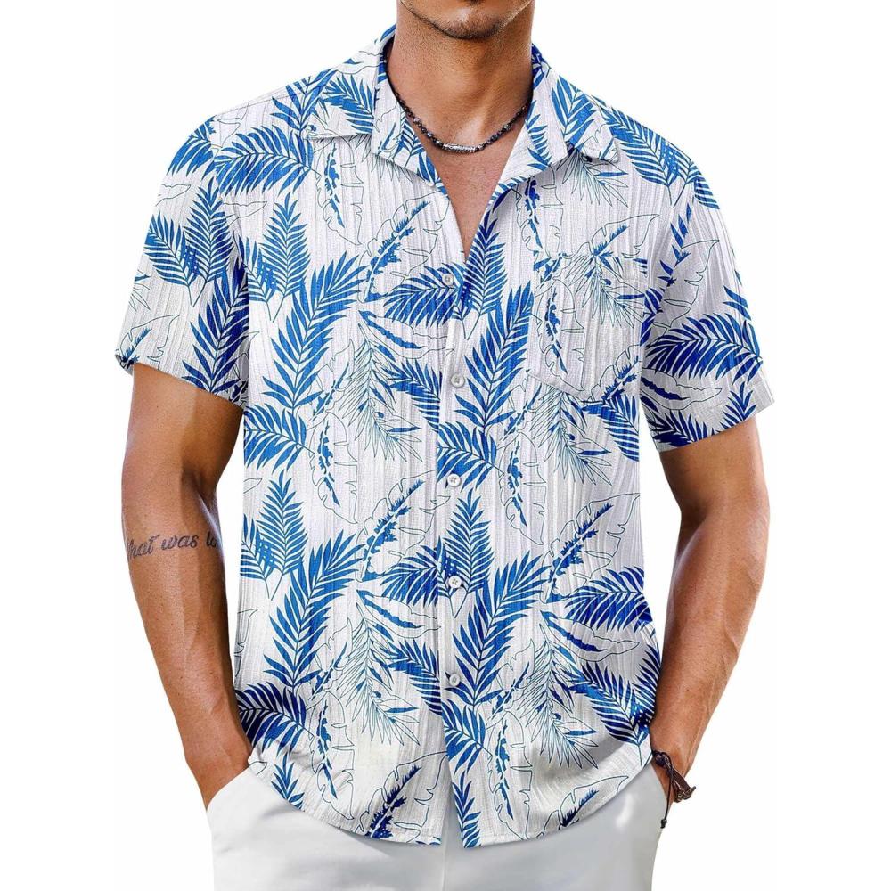 imageCOOFANDY Mens Short Sleeve Casual Button Down Shirts Textured Summer Beach Shirt with PocketWhiteblue Leaves