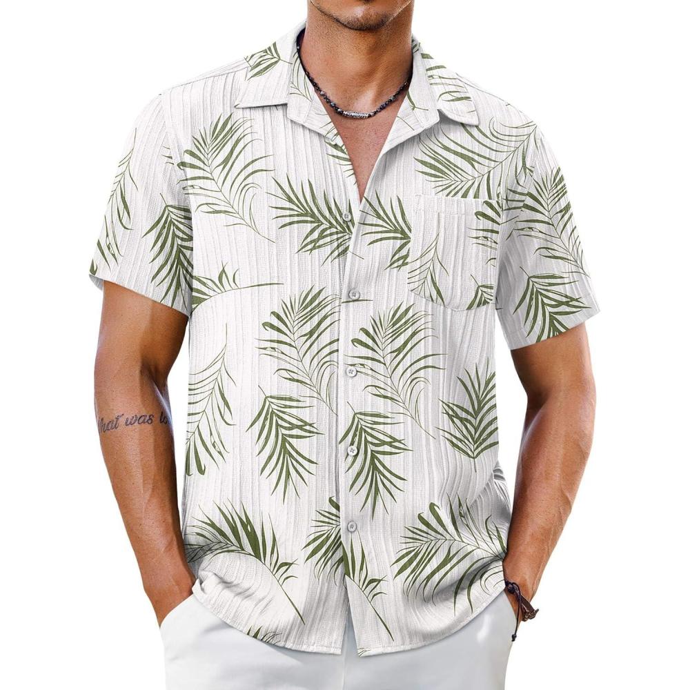imageCOOFANDY Mens Short Sleeve Casual Button Down Shirts Textured Summer Beach Shirt with PocketWhitegreen Leaves