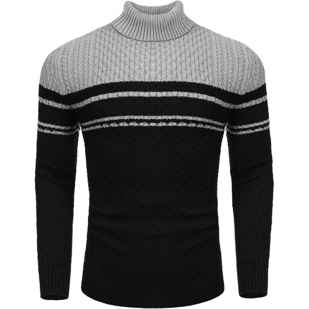 imageCOOFANDY Mens Slim Fit Turtleneck Sweater Casual Knitted Twisted Pullover Solid SweatersBlackGray Stripes
