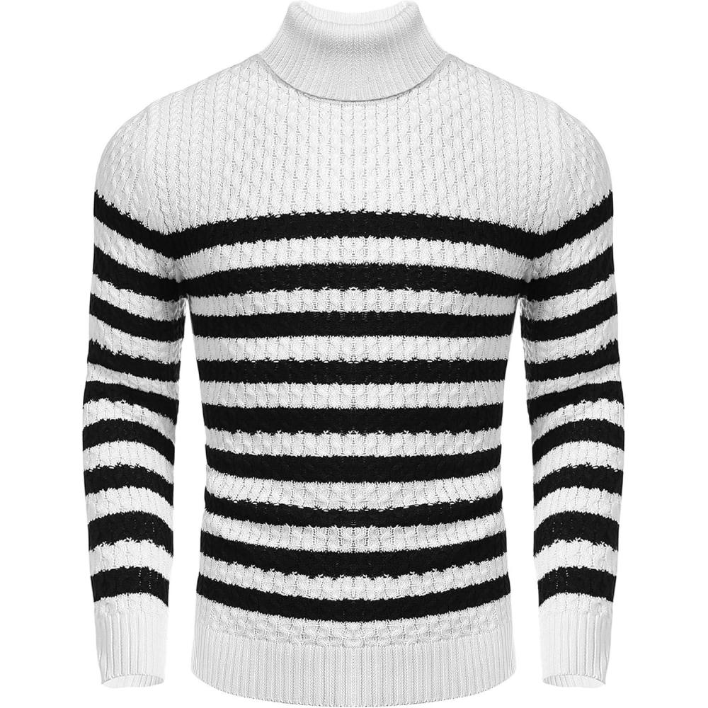 imageCOOFANDY Mens Slim Fit Turtleneck Sweater Casual Knitted Twisted Pullover Solid SweatersBlackWhite Stripes