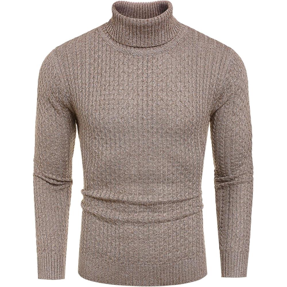 imageCOOFANDY Mens Slim Fit Turtleneck Sweater Casual Knitted Twisted Pullover Solid SweatersColorful Brown