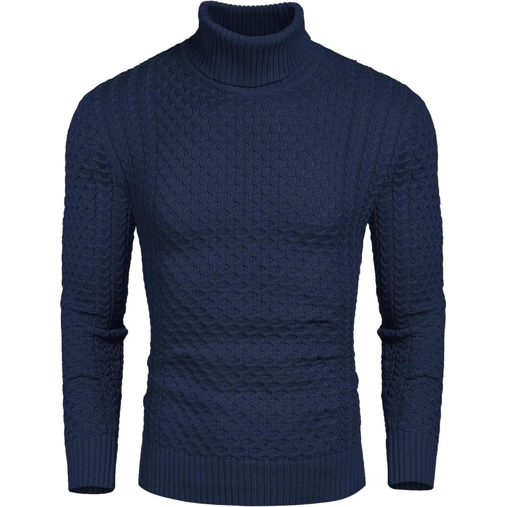 imageCOOFANDY Mens Slim Fit Turtleneck Sweater Casual Knitted Twisted Pullover Solid SweatersDark Blue