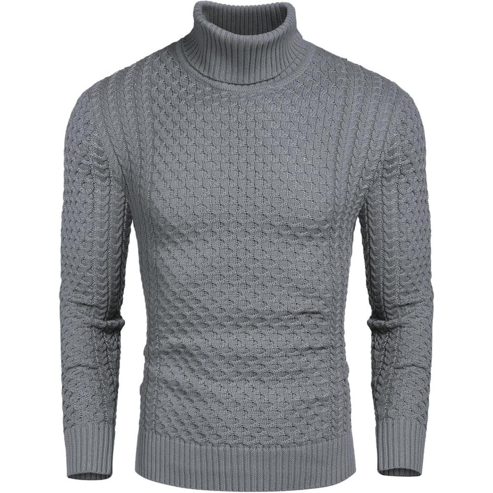 imageCOOFANDY Mens Slim Fit Turtleneck Sweater Casual Knitted Twisted Pullover Solid SweatersGray