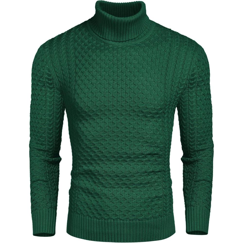 imageCOOFANDY Mens Slim Fit Turtleneck Sweater Casual Knitted Twisted Pullover Solid SweatersGreen