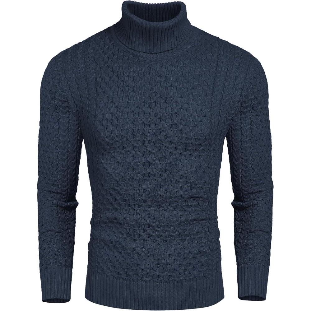 imageCOOFANDY Mens Slim Fit Turtleneck Sweater Casual Knitted Twisted Pullover Solid SweatersNave Blue