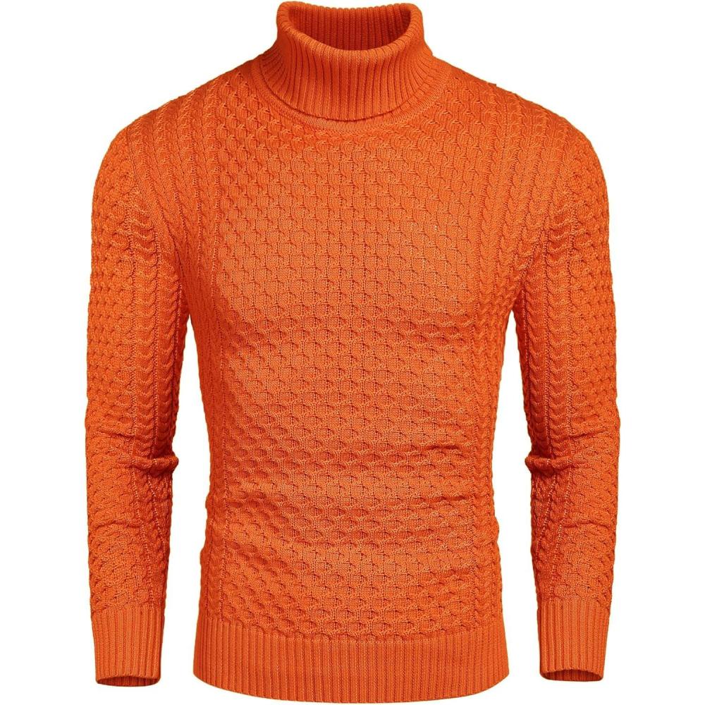 imageCOOFANDY Mens Slim Fit Turtleneck Sweater Casual Knitted Twisted Pullover Solid SweatersOrange