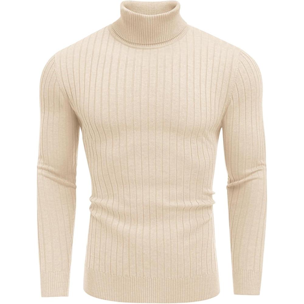 imageCOOFANDY Mens Slim Fit Turtleneck Sweater Casual Pullover Sweater Lightweight Ribbed SweaterBeige