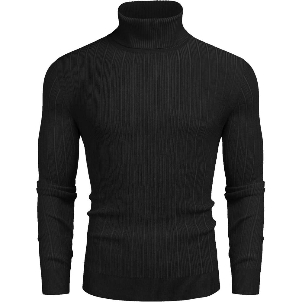 imageCOOFANDY Mens Slim Fit Turtleneck Sweater Casual Pullover Sweater Lightweight Ribbed SweaterBlack