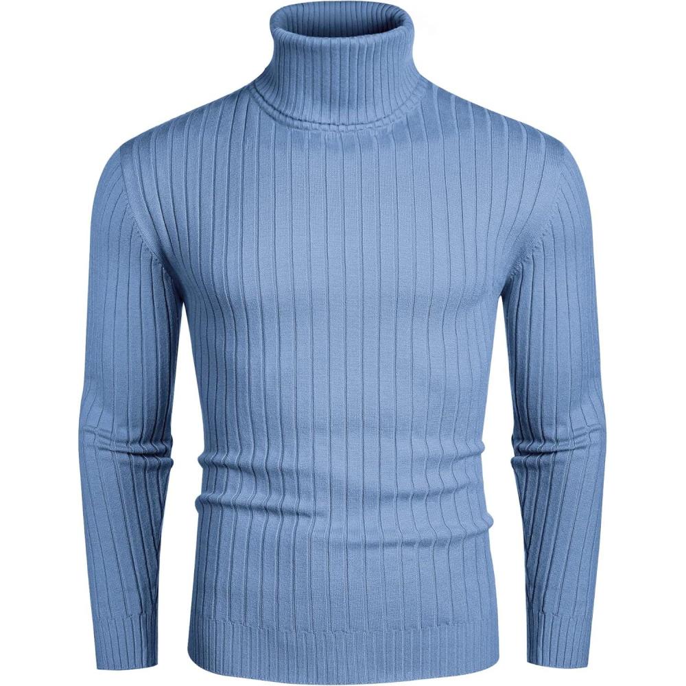 imageCOOFANDY Mens Slim Fit Turtleneck Sweater Casual Pullover Sweater Lightweight Ribbed SweaterBluegray