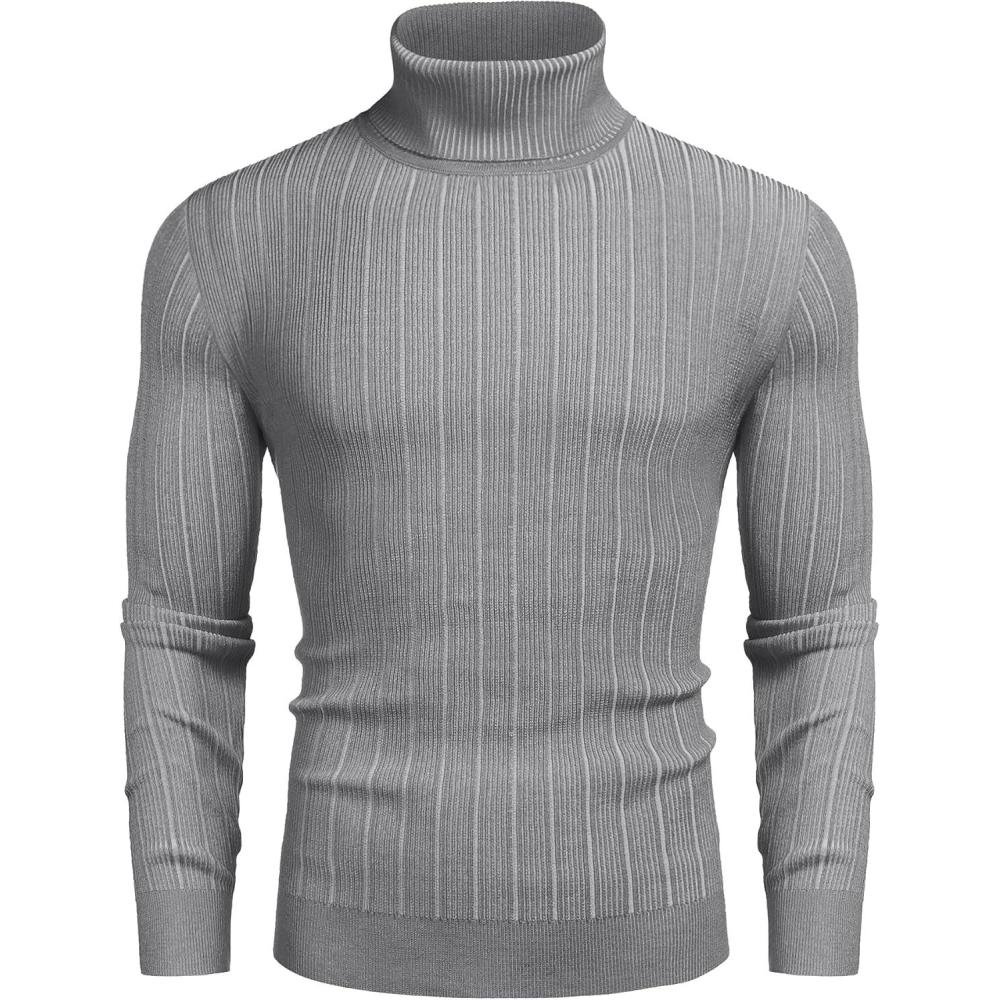 imageCOOFANDY Mens Slim Fit Turtleneck Sweater Casual Pullover Sweater Lightweight Ribbed SweaterGray