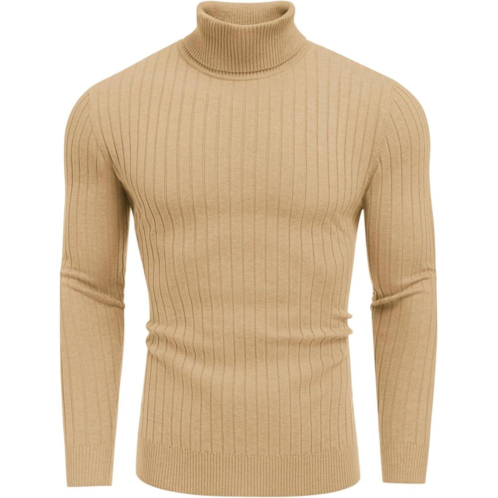 imageCOOFANDY Mens Slim Fit Turtleneck Sweater Casual Pullover Sweater Lightweight Ribbed SweaterLight Khaki