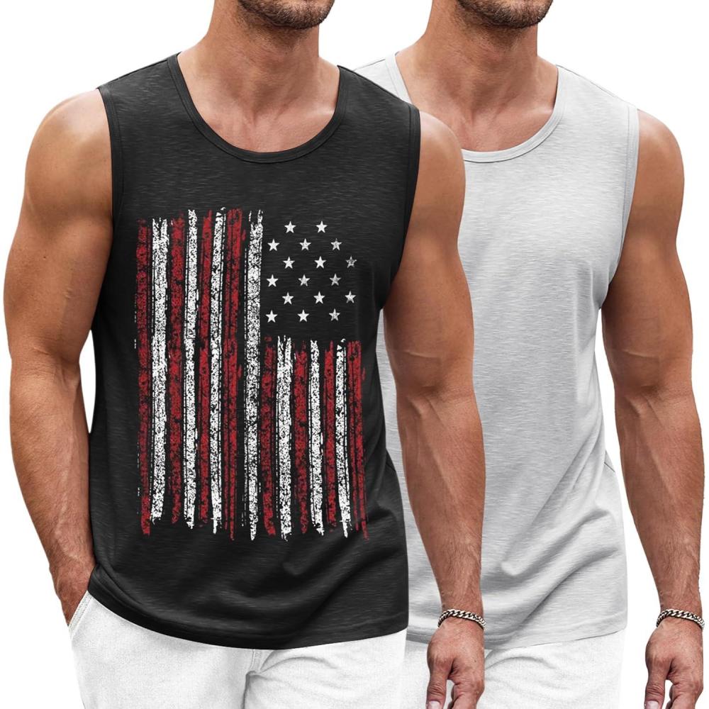 imageCOOFANDY Mens Workout Tank Top 2 Pack Casual Soft Sleeveless Gym Muscle Shirts Bodybuilding TeeUsa Flag 3