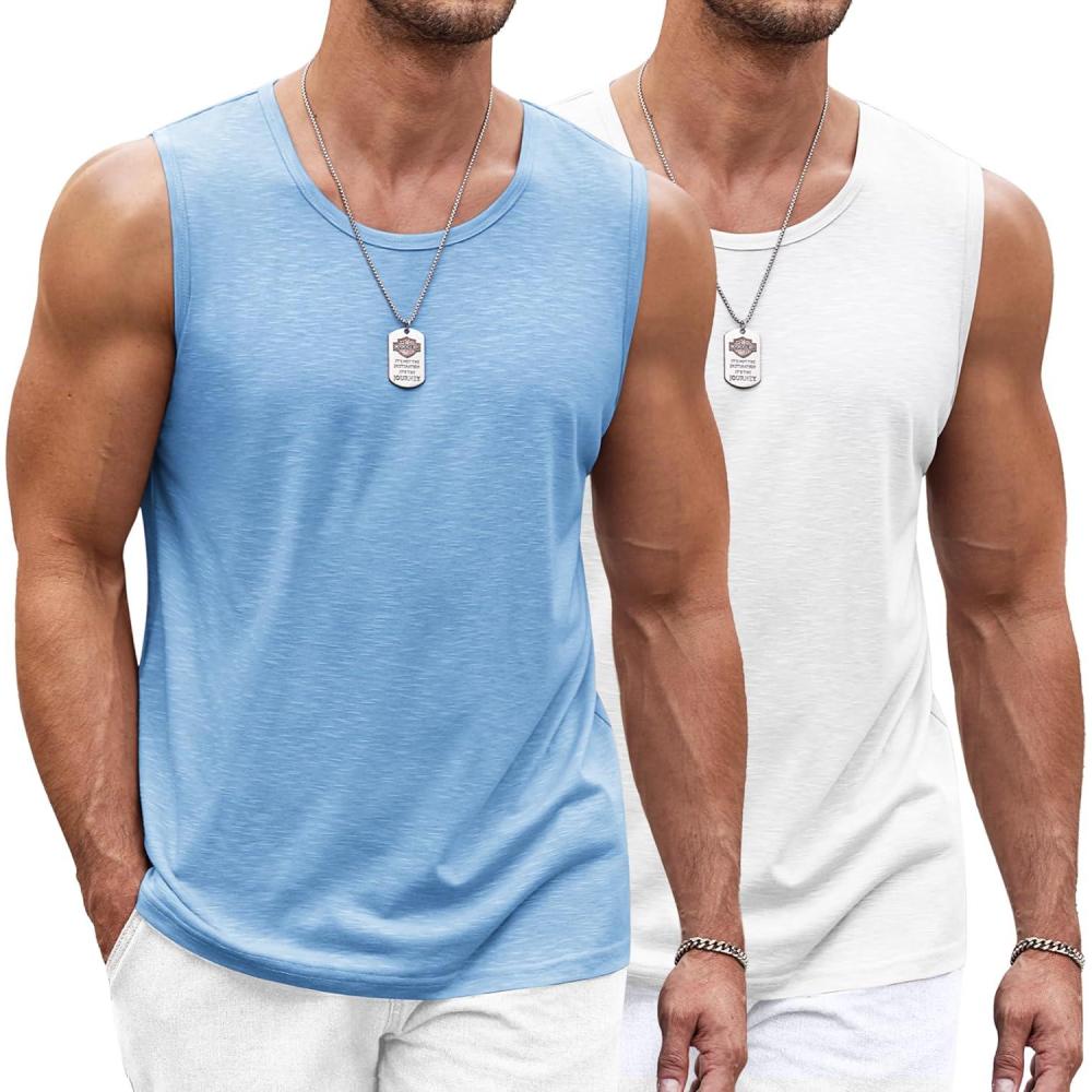 imageCOOFANDY Mens Workout Tank Top 2 Pack Casual Soft Sleeveless Gym Muscle Shirts Bodybuilding TeeWhitelight Blue