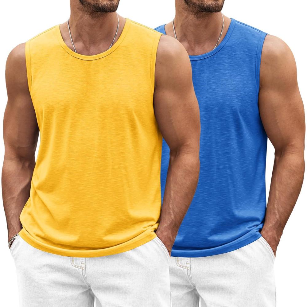 imageCOOFANDY Mens Workout Tank Top 2 Pack Casual Soft Sleeveless Gym Muscle Shirts Bodybuilding TeeYellowblue
