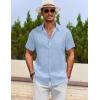 COOFANDY Men’s Cotton Linen Shirts Short Sleeve Casual Shirts Summer Button Down Shirt Linen Beach Vacation Shirt(Light Blue)