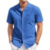 COOFANDY Mens Casual Cotton Linen Shirt Short Sleeve Button Up Shirts Summer Beach Top(Blue)