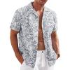 COOFANDY Mens Casual Cotton Linen Shirt Short Sleeve Button Up Shirts Summer Beach Top(Gray Blue – Plam Leaf)
