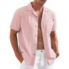 COOFANDY Mens Casual Cotton Linen Shirt Short Sleeve Button Up Shirts Summer Beach Top(Pink)