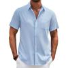 COOFANDY Men’s Cotton Linen Shirts Short Sleeve Casual Shirts Summer Button Down Shirt Linen Beach Vacation Shirt(Light Blue)