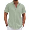 COOFANDY Men’s Cotton Linen Shirts Short Sleeve Casual Shirts Summer Button Down Shirt Linen Beach Vacation Shirt(Light Green)