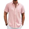 COOFANDY Men’s Cotton Linen Shirts Short Sleeve Casual Shirts Summer Button Down Shirt Linen Beach Vacation Shirt(Pink)