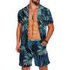 COOFANDY Men’s Hawaiian Matching Shirt and Shorts Set Summer Beach 2 Piece Outfits Short Sleeve Cuban Shirts and Shorts(Leaves-blue)