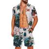 COOFANDY Men’s Hawaiian Matching Shirt and Shorts Set Summer Beach 2 Piece Outfits Short Sleeve Cuban Shirts and Shorts(Leaves-white)