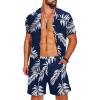 COOFANDY Men’s Hawaiian Matching Shirt and Shorts Set Summer Beach 2 Piece Outfits Short Sleeve Cuban Shirts and Shorts(Plants-twilight Blue)