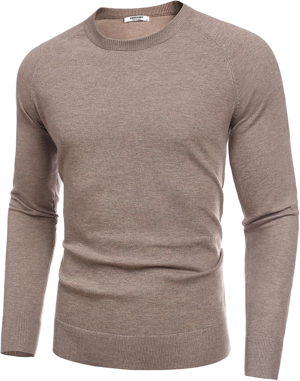 imageCOOFANDY Mens Crewneck Sweater Casual Dress Pullover Sweaters Slim Fit Lightweight Long Sleeve Raglan SweatersLight Khaki