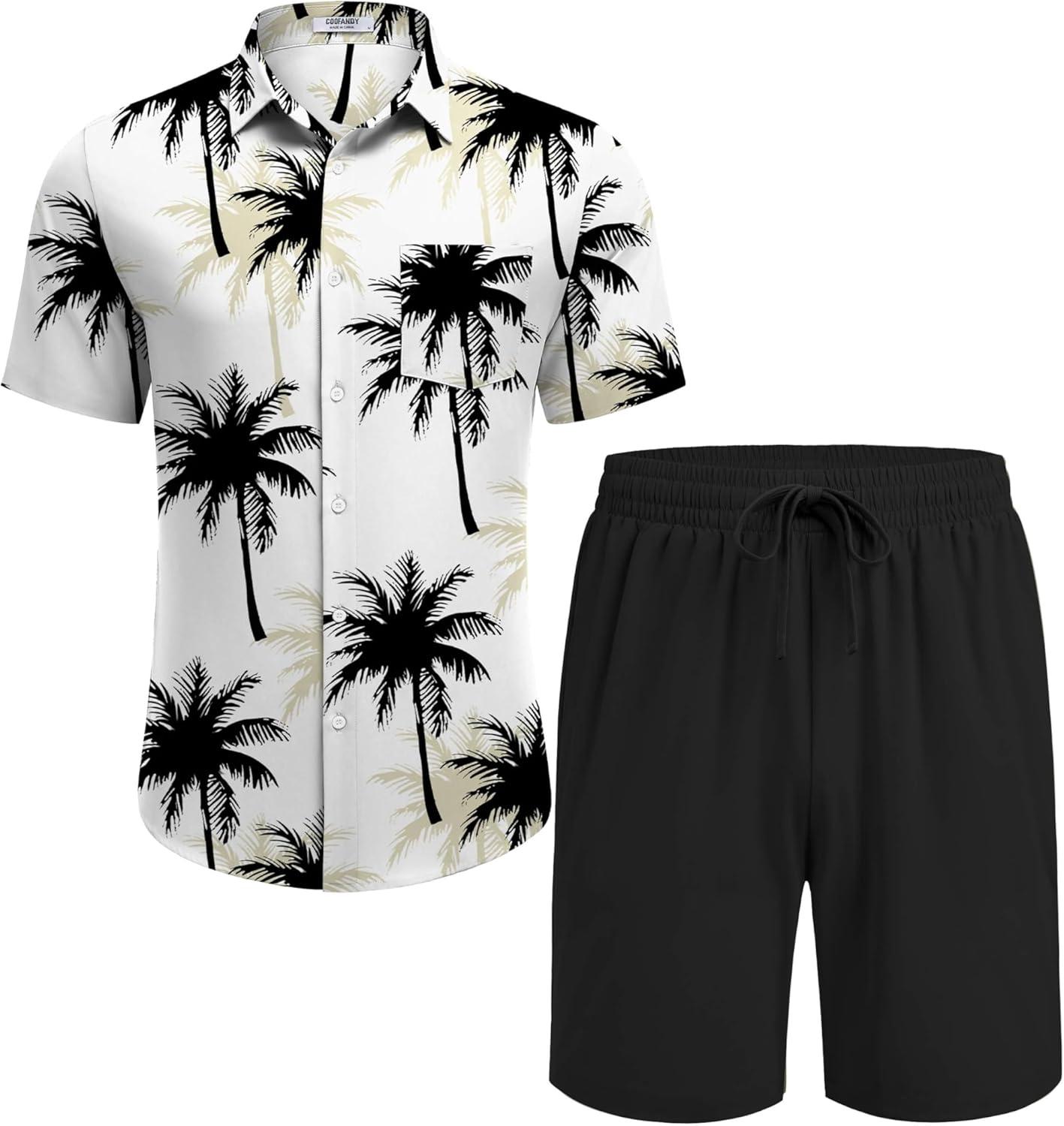 imageCOOFANDY Mens Hawaiian 2 Piece Outfits Summer Beach Matching Set Short Sleeve Floral Shirts and ShortsCoconut Tree White