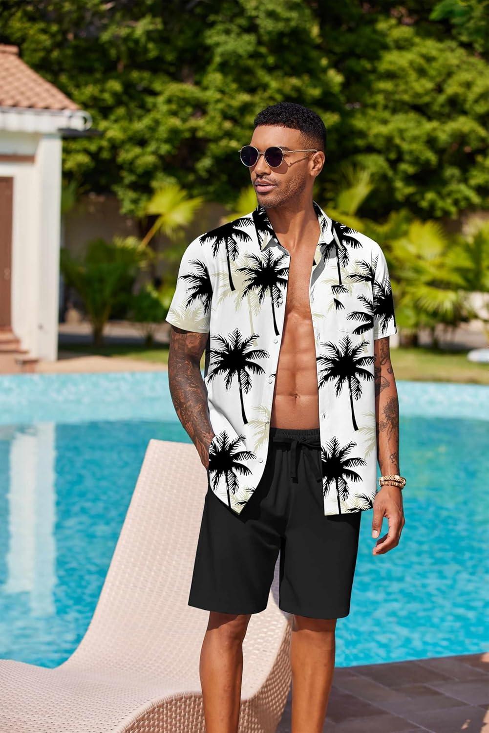 imageCOOFANDY Mens Hawaiian 2 Piece Outfits Summer Beach Matching Set Short Sleeve Floral Shirts and ShortsCoconut Tree White