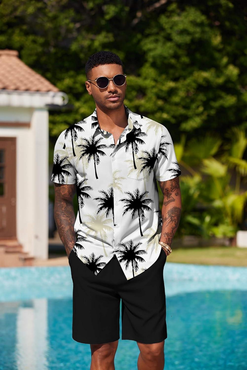 imageCOOFANDY Mens Hawaiian 2 Piece Outfits Summer Beach Matching Set Short Sleeve Floral Shirts and ShortsCoconut Tree White