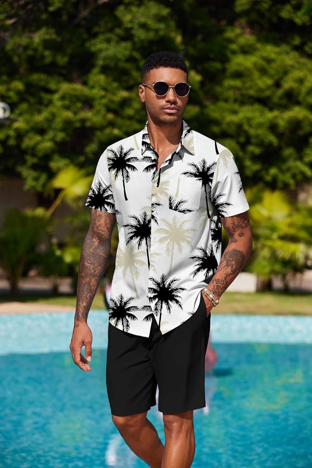 imageCOOFANDY Mens Hawaiian 2 Piece Outfits Summer Beach Matching Set Short Sleeve Floral Shirts and ShortsCoconut Tree White