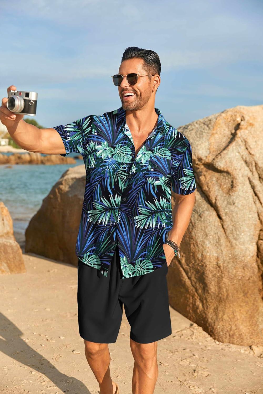 imageCOOFANDY Mens Hawaiian 2 Piece Outfits Summer Beach Matching Set Short Sleeve Floral Shirts and ShortsLeaf Blue Black