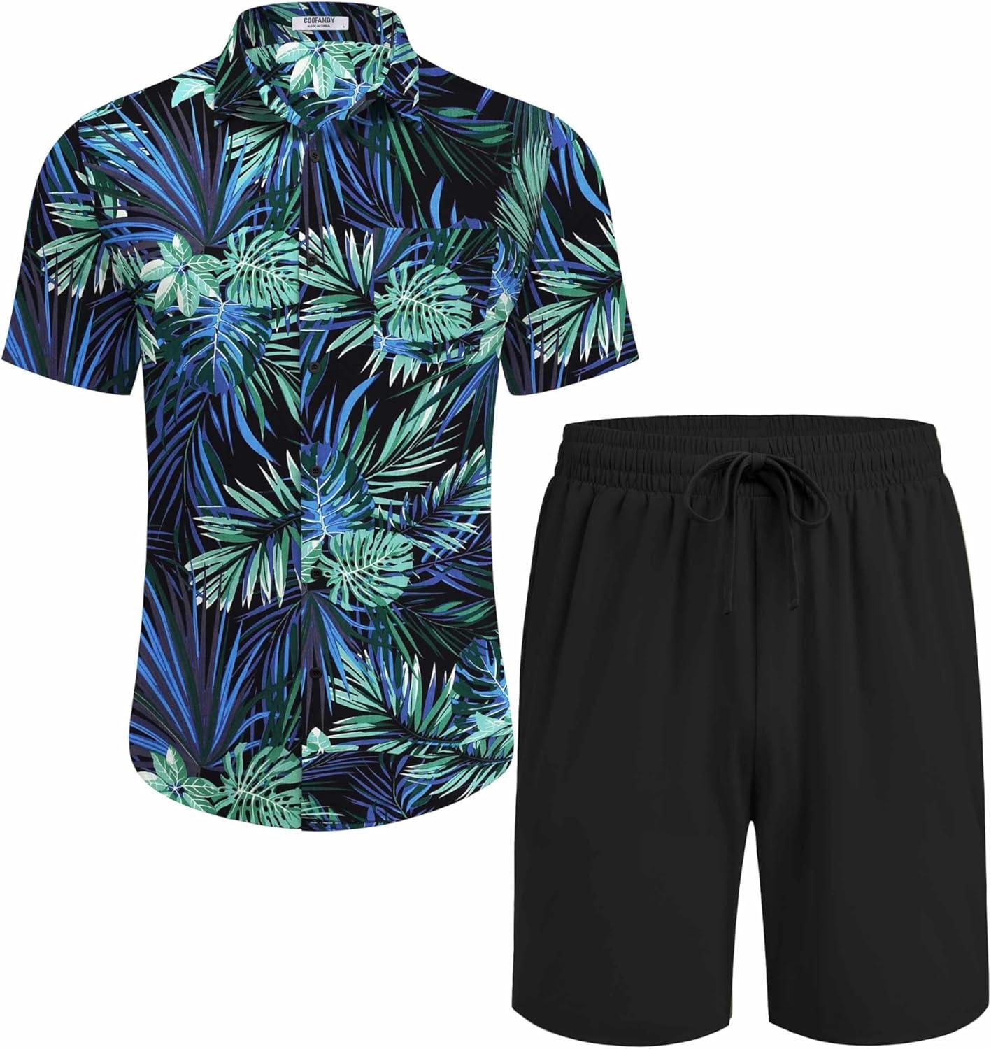 imageCOOFANDY Mens Hawaiian 2 Piece Outfits Summer Beach Matching Set Short Sleeve Floral Shirts and ShortsLeaf Blue Black