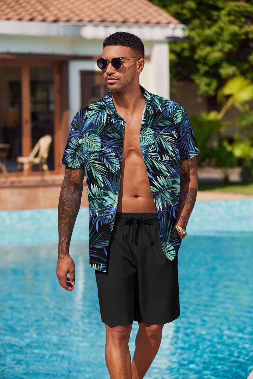 imageCOOFANDY Mens Hawaiian 2 Piece Outfits Summer Beach Matching Set Short Sleeve Floral Shirts and ShortsLeaf Blue Black