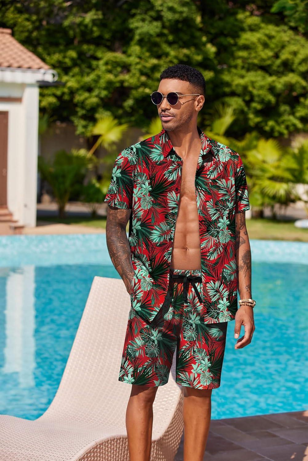 imageCOOFANDY Mens Hawaiian 2 Piece Outfits Summer Beach Matching Set Short Sleeve Floral Shirts and ShortsLeaf Green Red