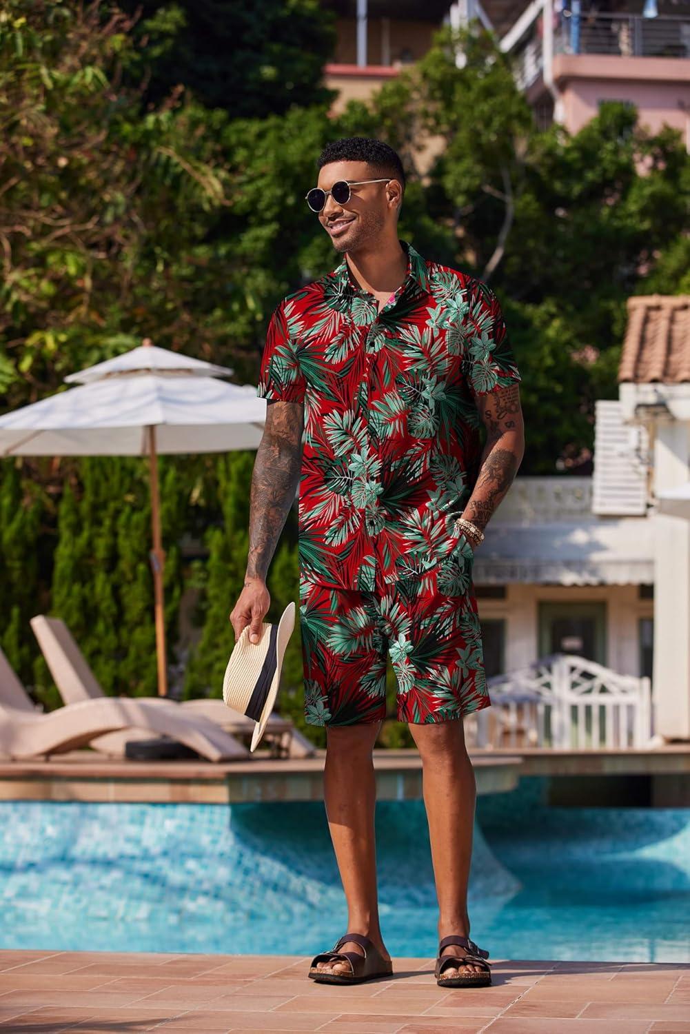 imageCOOFANDY Mens Hawaiian 2 Piece Outfits Summer Beach Matching Set Short Sleeve Floral Shirts and ShortsLeaf Green Red
