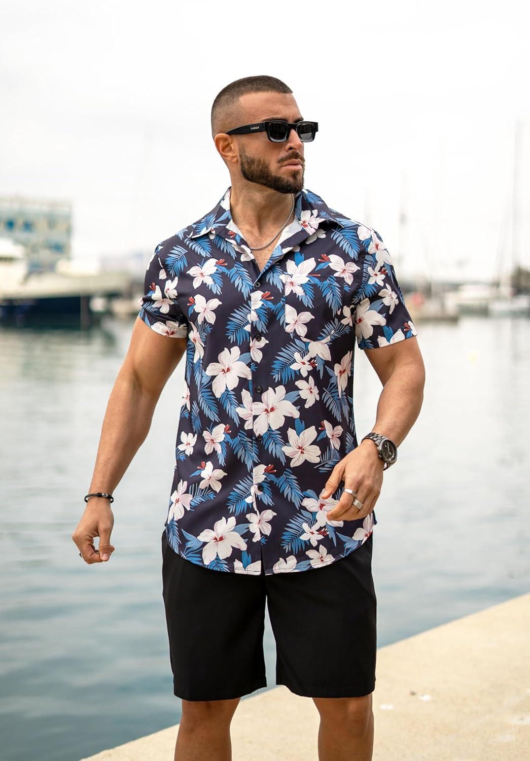 imageCOOFANDY Mens Hawaiian 2 Piece Outfits Summer Beach Matching Set Short Sleeve Floral Shirts and ShortsWhite Floral Navy