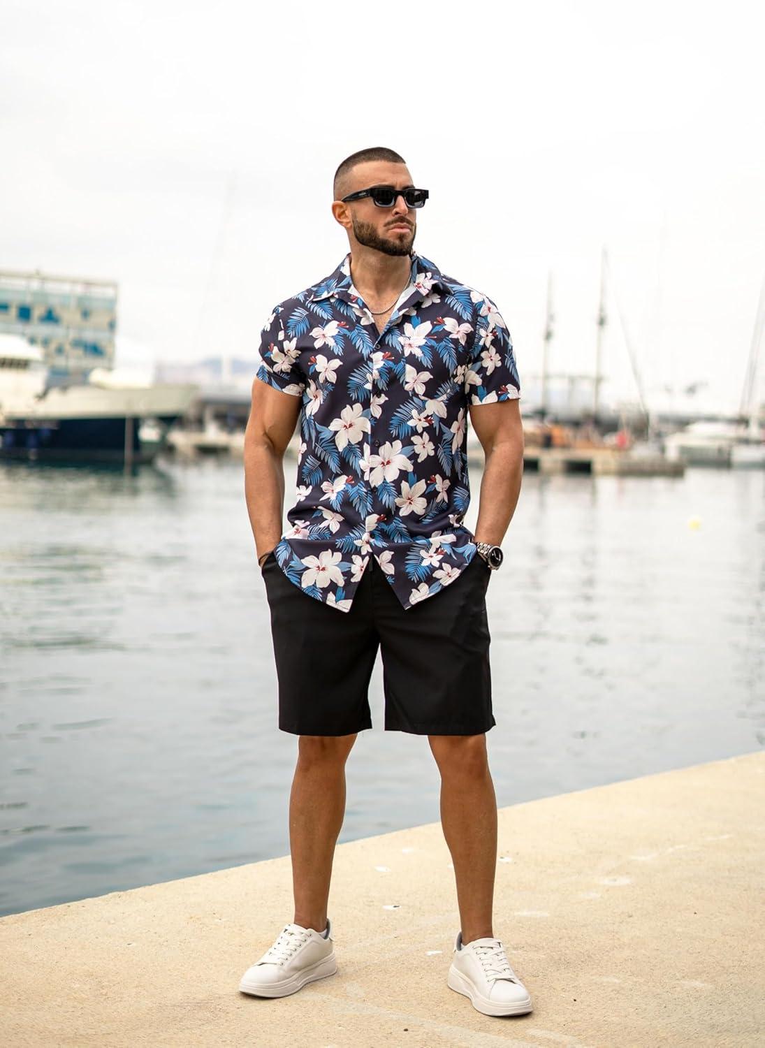 imageCOOFANDY Mens Hawaiian 2 Piece Outfits Summer Beach Matching Set Short Sleeve Floral Shirts and ShortsWhite Floral Navy