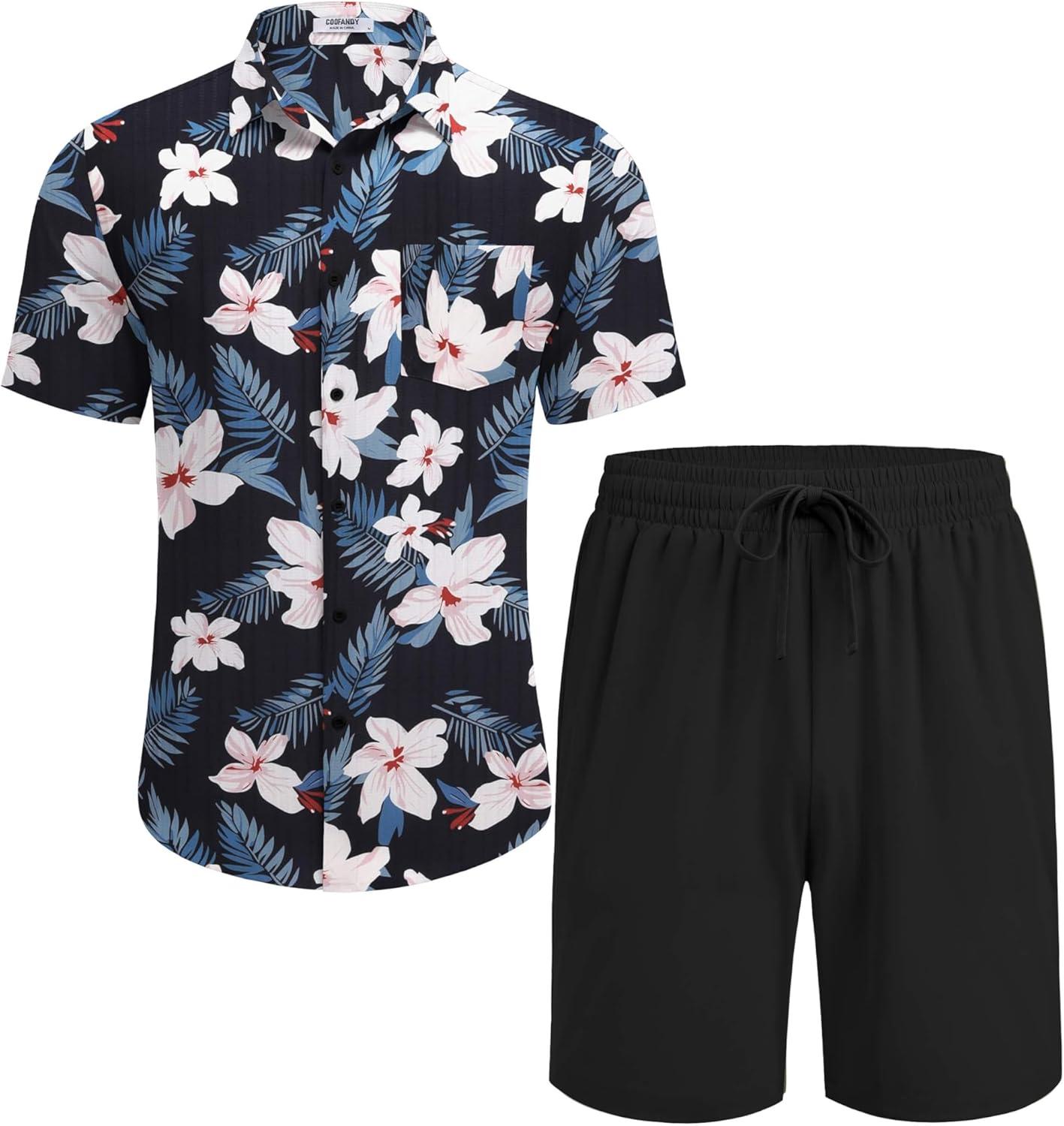 imageCOOFANDY Mens Hawaiian 2 Piece Outfits Summer Beach Matching Set Short Sleeve Floral Shirts and ShortsWhite Floral Navy