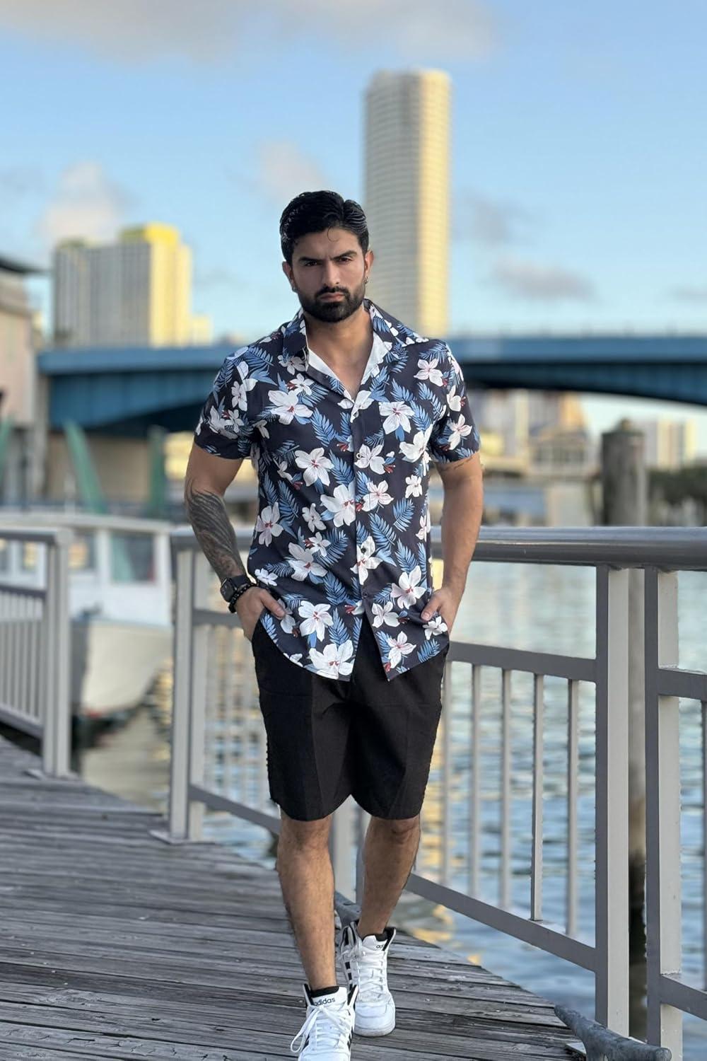 imageCOOFANDY Mens Hawaiian 2 Piece Outfits Summer Beach Matching Set Short Sleeve Floral Shirts and ShortsWhite Floral Navy