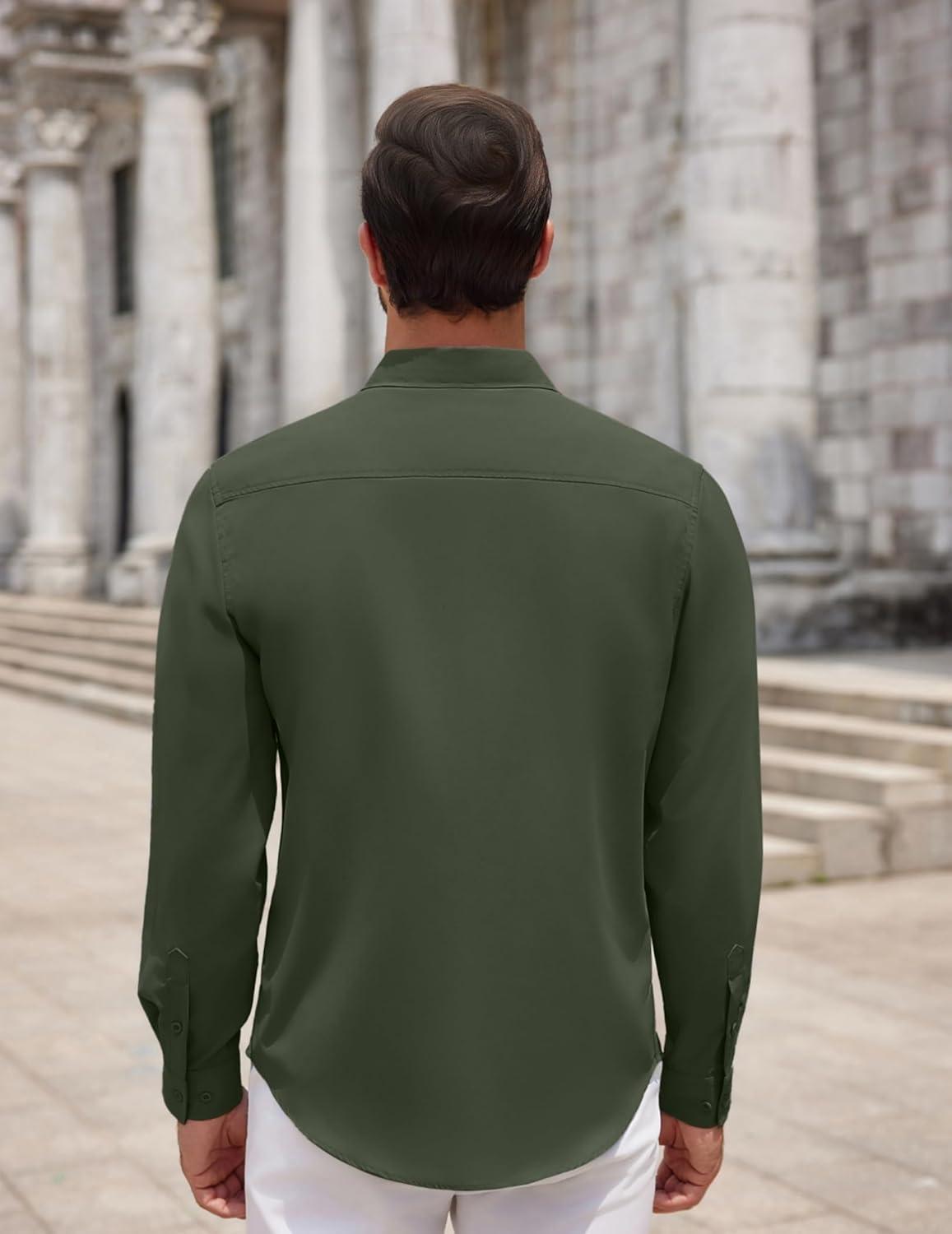 imageCOOFANDY Mens Long Sleeve Button Down Shirts Casual Untucked Dress Shirt Beach Wedding ShirtsArmy Green