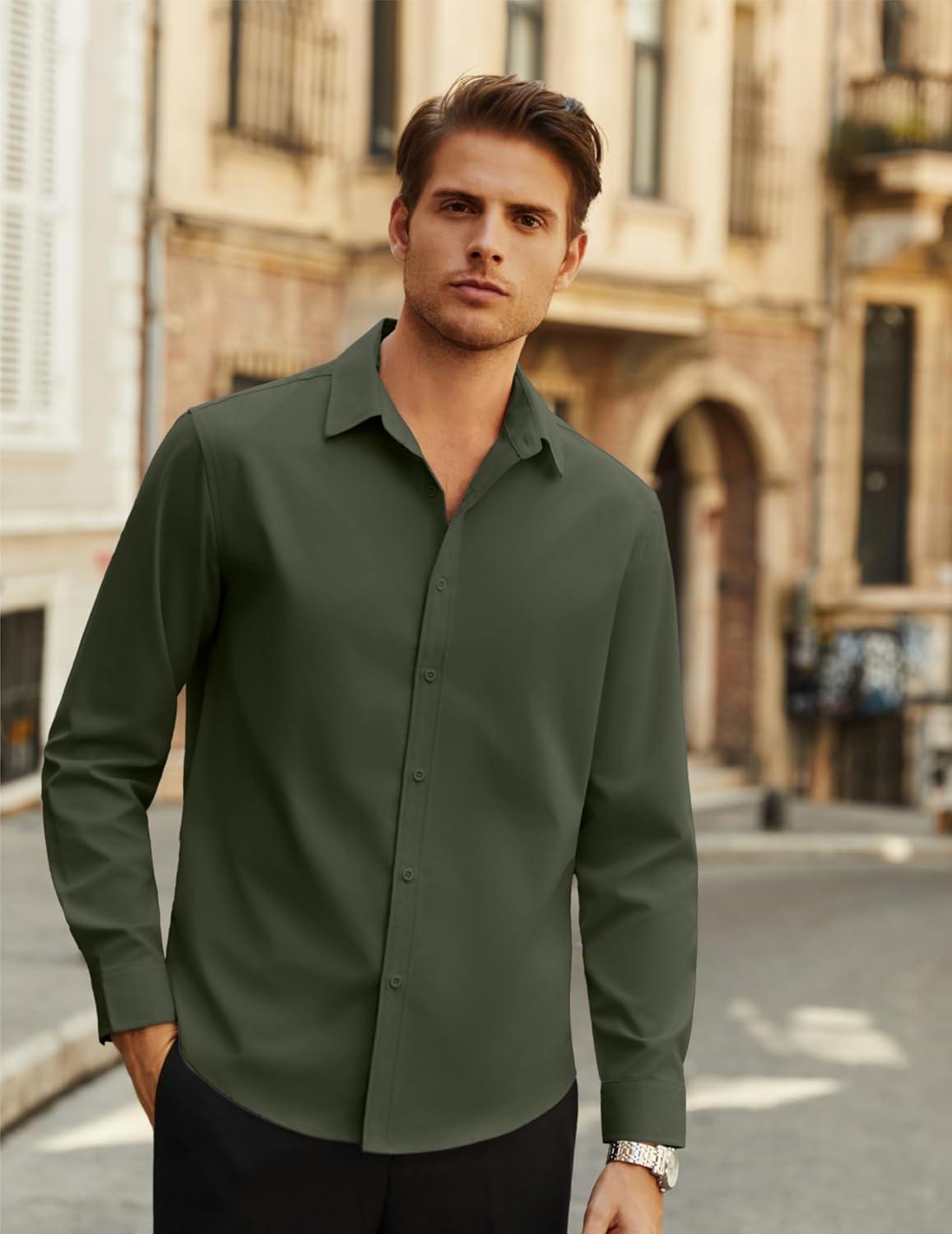 imageCOOFANDY Mens Long Sleeve Button Down Shirts Casual Untucked Dress Shirt Beach Wedding ShirtsArmy Green